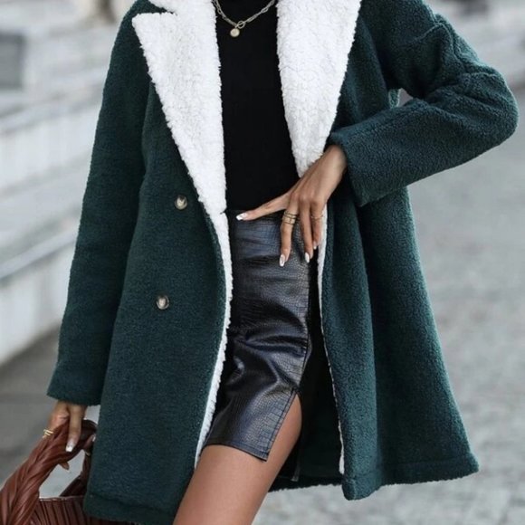 Teddy Lined Lapel Collar Double Breasted Coat fall winter green - Picture 7 of 8